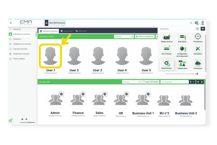 Rubrique des utilisateurs et des groupes dans EMAsphere : attribution de groupe aux utilisateurs