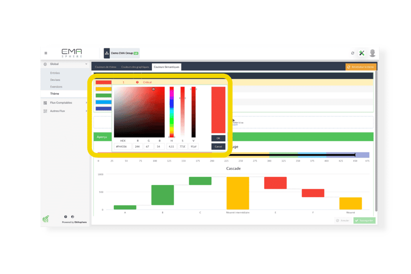 Saisie d'une nouvelle couleur sémantique depuis la rubrique theme du menu  personnalisation d'EMAsphere