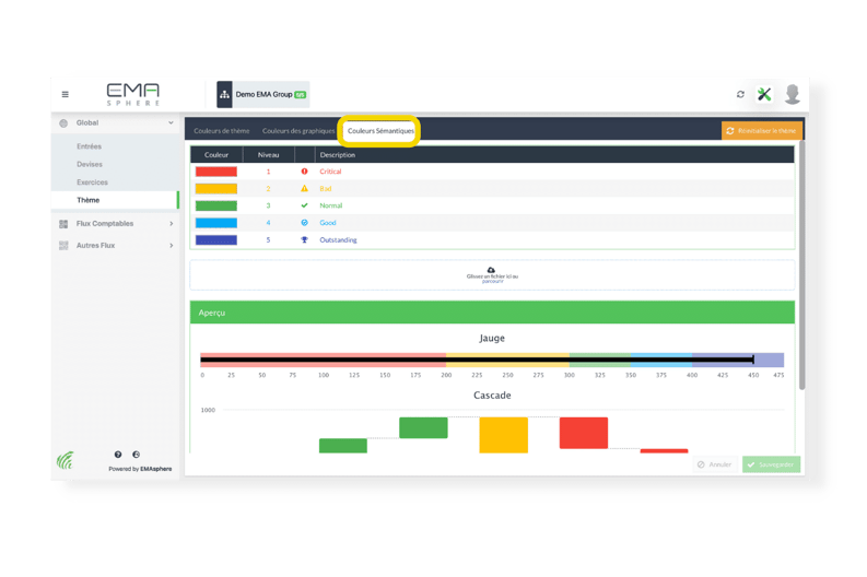 Écran de couleur sémantique depuis la rubrique theme du menu  personnalisation d'EMAsphere