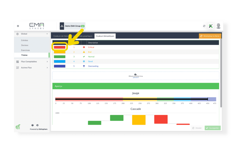 Sélection d'une couleur sémantique à remplacer depuis la rubrique theme du menu  personnalisation d'EMAsphere