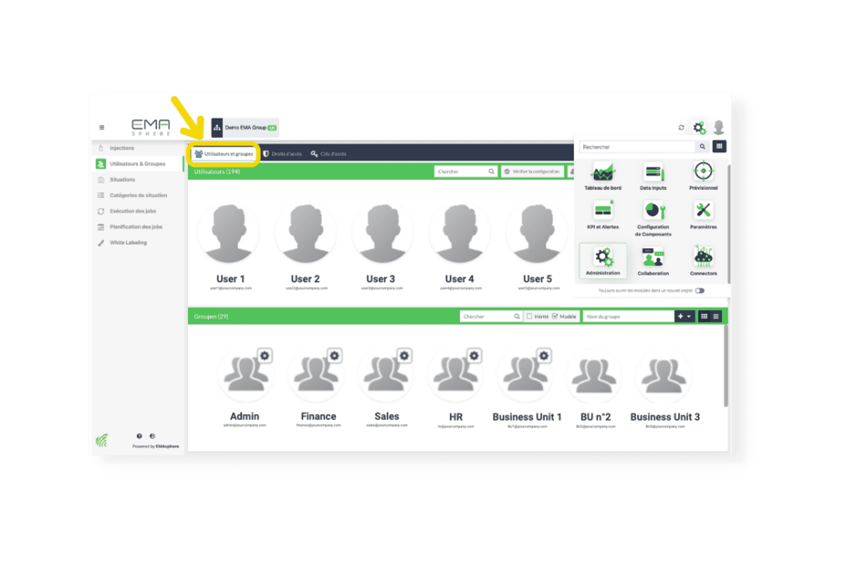 Rubrique des utilisateurs et des groupes dans EMAsphere