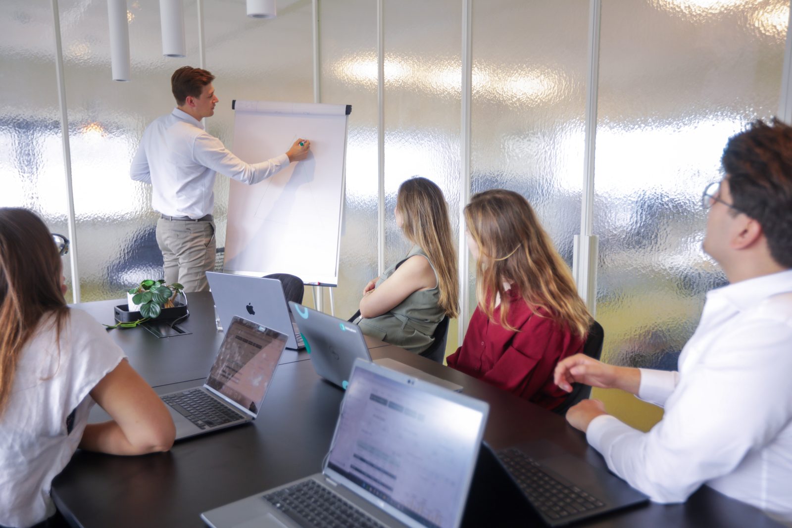 Team meeting around a whiteboard