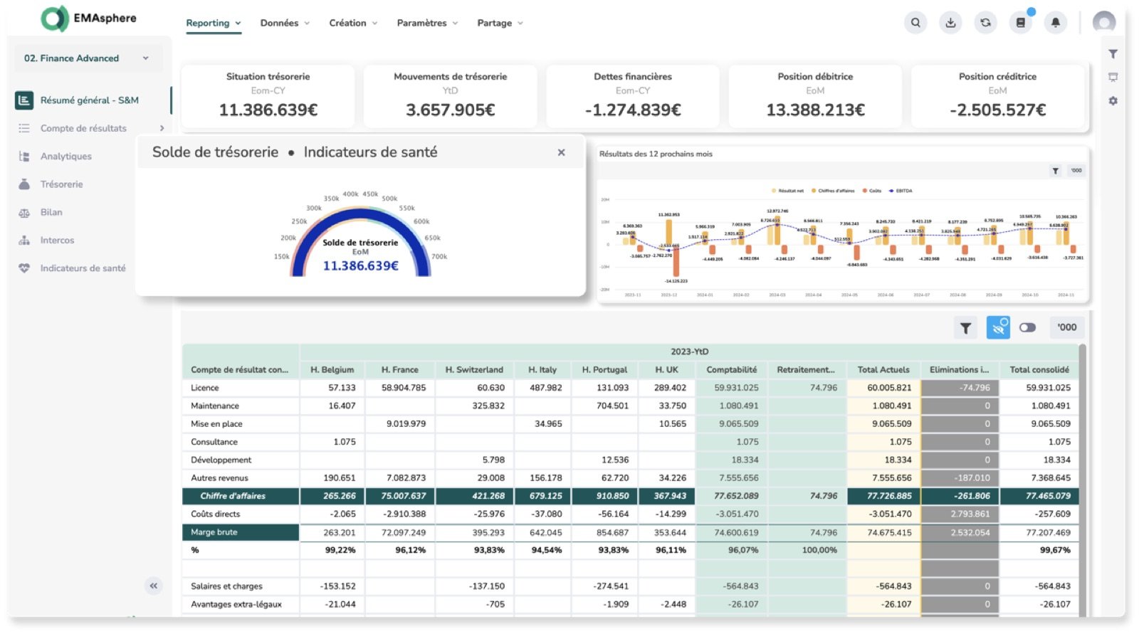 EMASPHERE-cashdashboard met gezondheidsindicator en resultatenrekening per entiteit