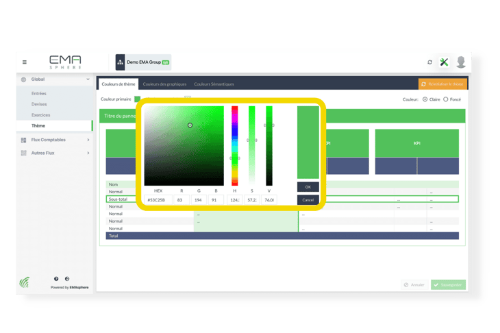 Changement d'une  couleur du thème depuis la rubrique theme du menu  personnalisation d'EMAsphere